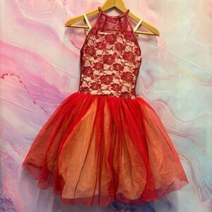 R280 Curtain Call Costume Ballet Dance Recital Red Cream Floral Lace Long TuTu